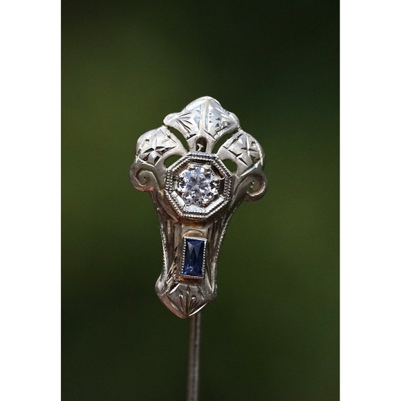 Antique 18k Solid White Gold Old Mine‎ Cut Diamond Sapphire Stickpin - Hat pin - Picture 2 of 11